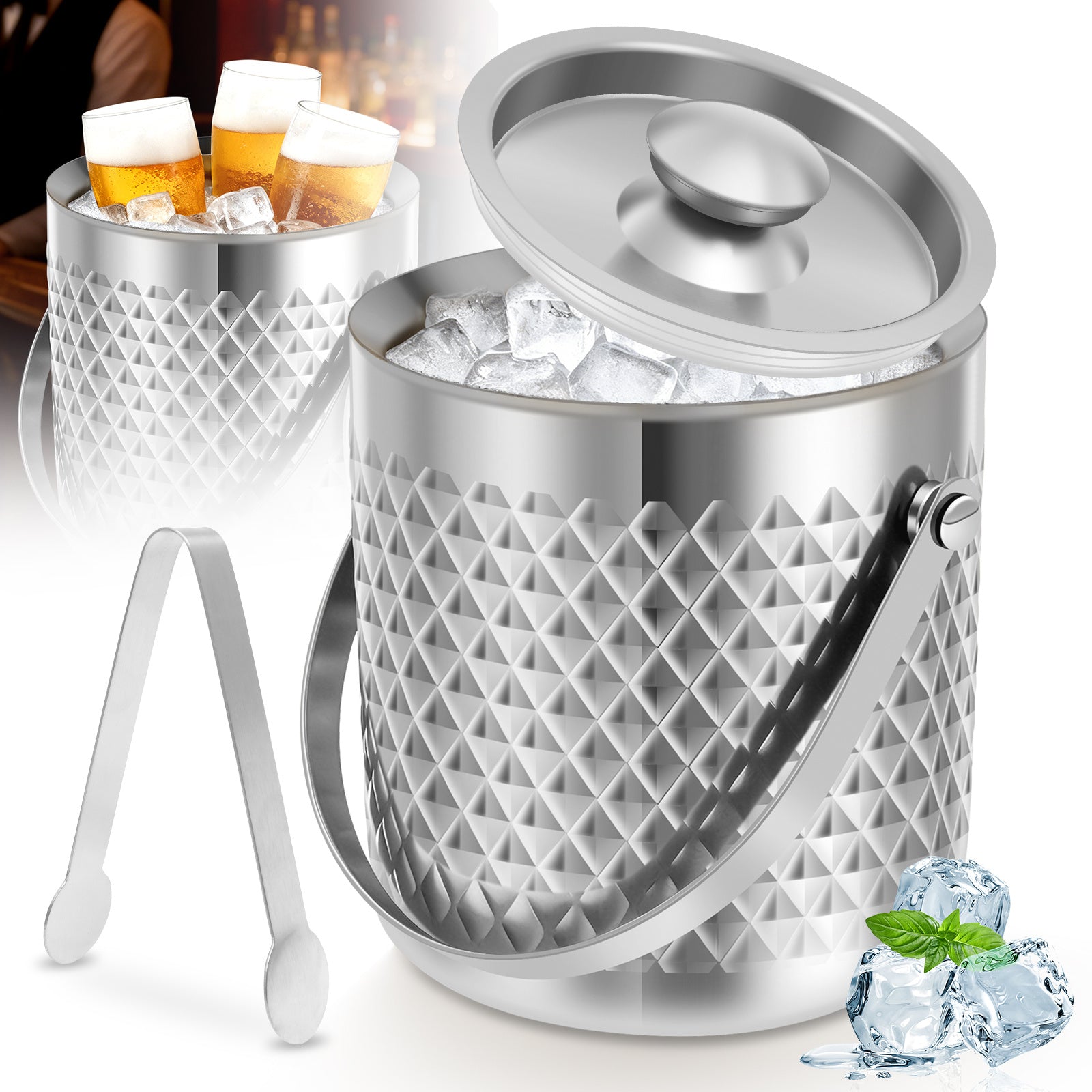 67.6oz Double-Walled Insulated Stainless Steel Ice Bucket with Lid - Vacuum Suitable for Champagne, Wine, Beer, | Beverage Tub for Home Bar, BBQ, Picnic, Parties | Keeps Drinks for Hours