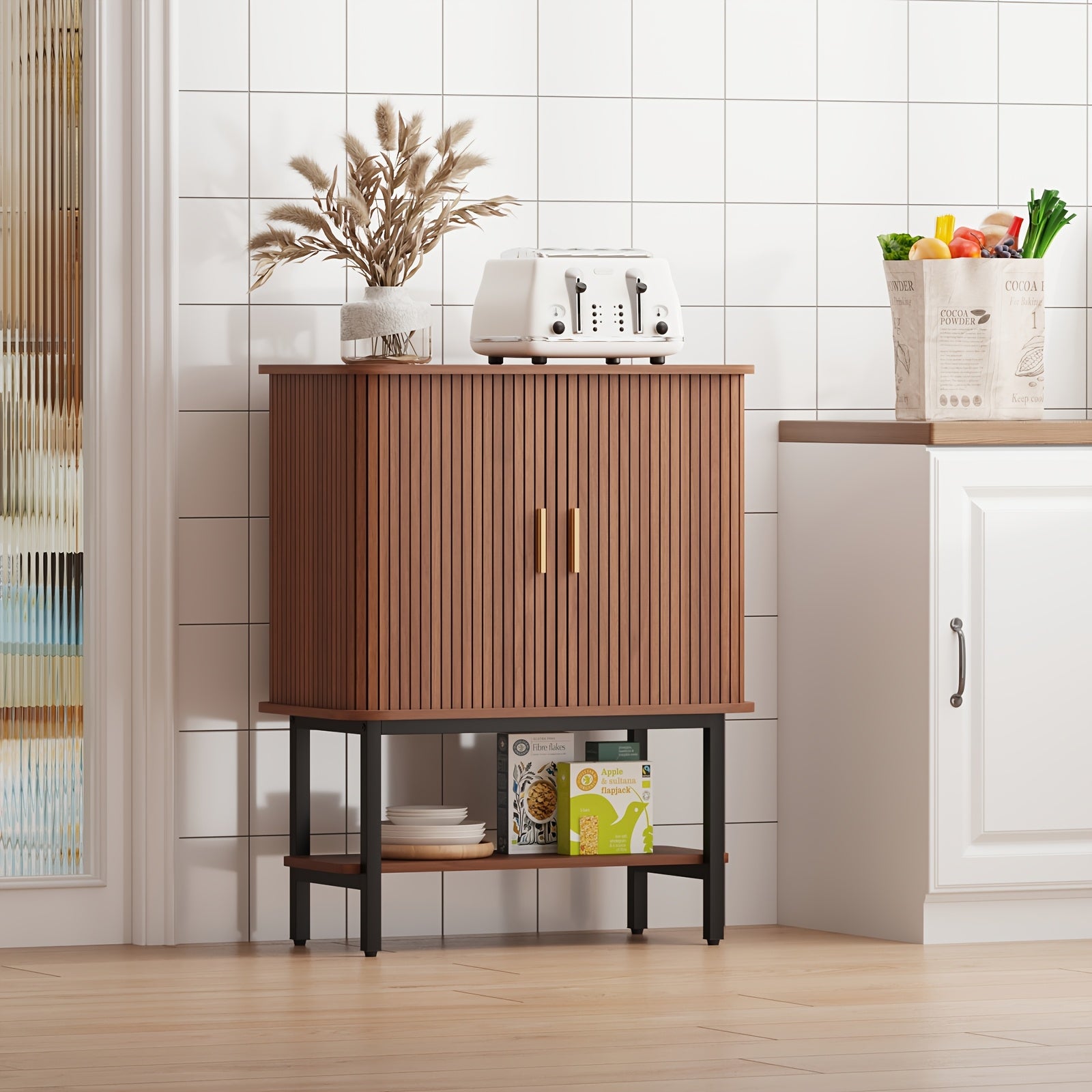 Wine Bar Cabinet with Storage, Fluted Wine Liquor Cabinet with Sliding Doors, Glass Holder And Wine Rack, Small Coffee Bar Cabinet, Buffet Sideboard for Kitchen, Dining Room, Living Room