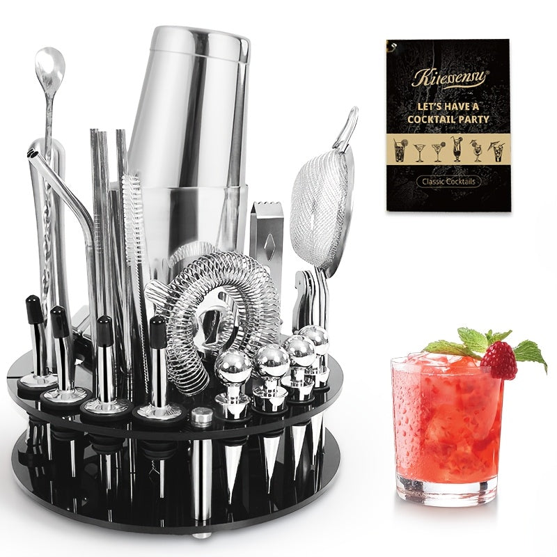 35pcs Cocktail Shaker Set for Mixed Drink, Bartender Kit with Stylish Bamboo Stand, Professional Stainless Steel Bar Tool Set, Gift for Man Dad- Cocktail Recipes Booklet (Silvery)