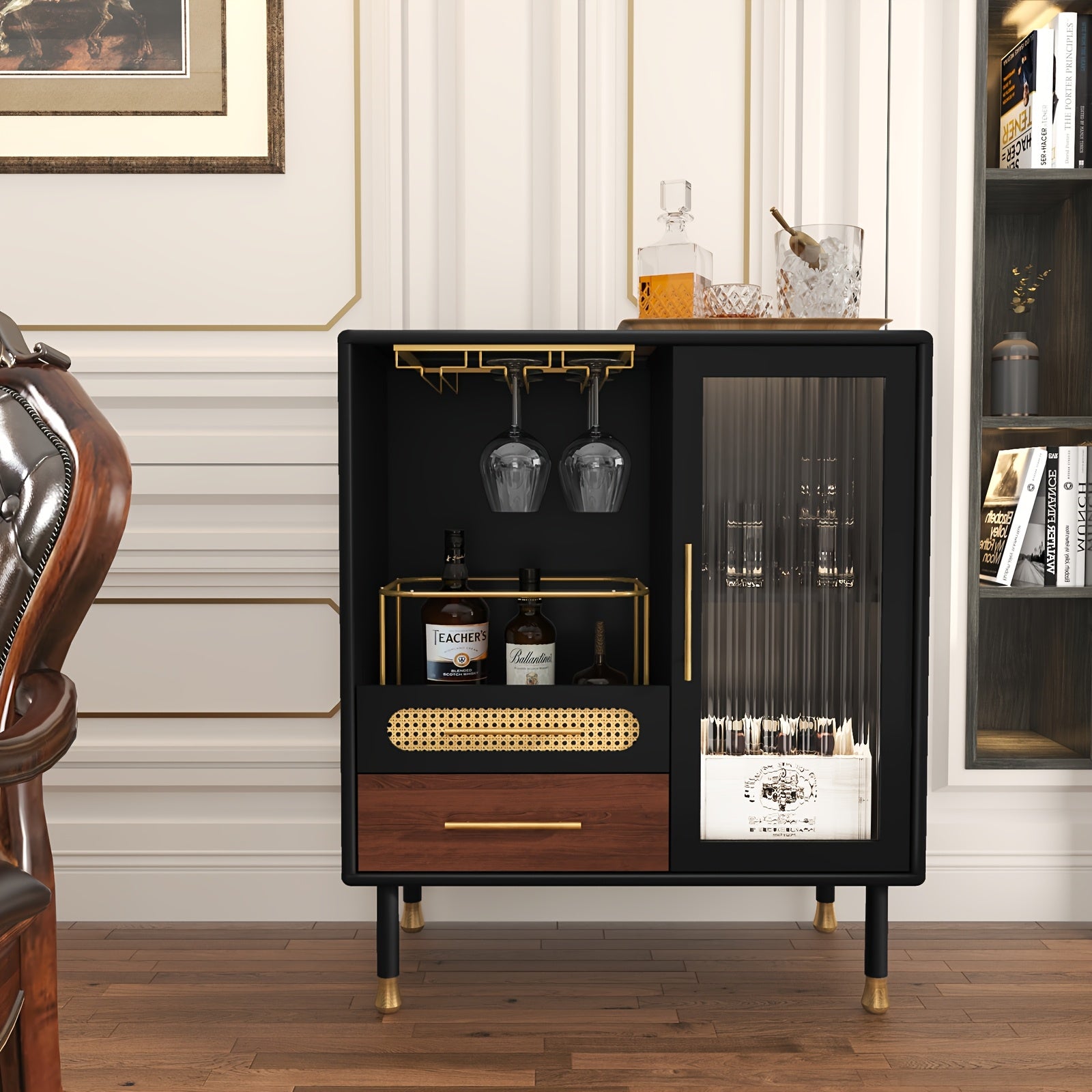 Modern Coffee Bar Cabinet with Wine Glass Rack And Drawers, Black Liquor Cabinet with Pull-Out Wine Storage for Kitchen, Dining Room, Living Room