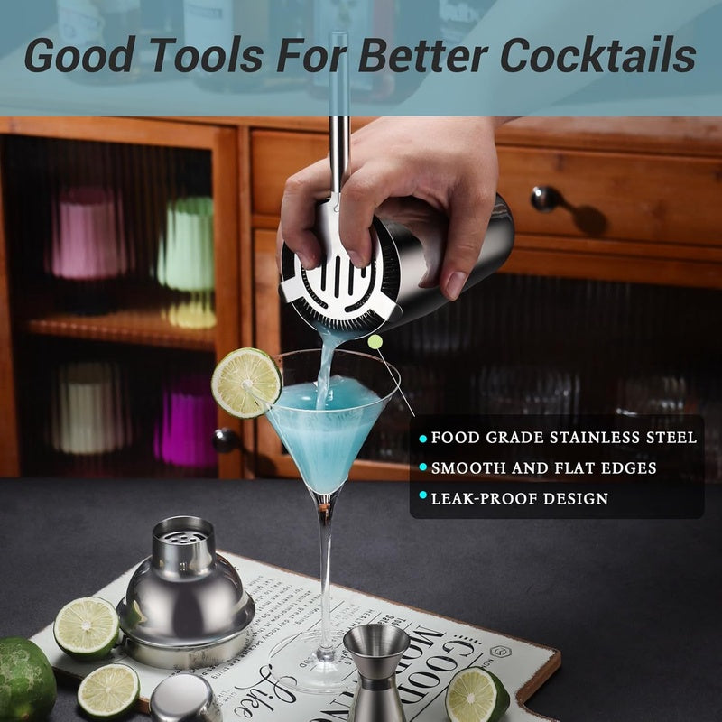 Cocktail Shaker Set with Stand | Complete Bartender Kit with Stainless Steel Additions like Martini Shaker, Jigger, Strainer, Spoon, Muddler for Cocktails - Silver, 304 Stainless Steel