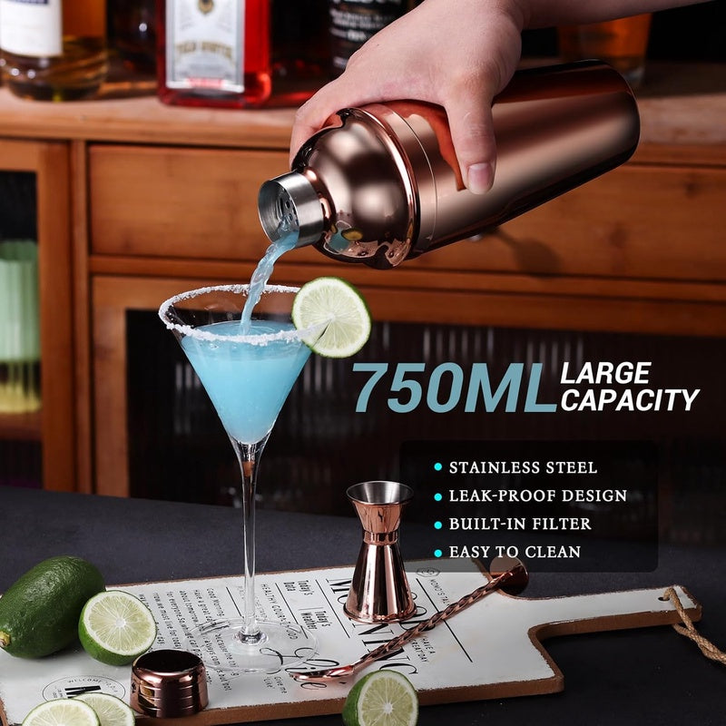 Cocktail Shaker Set for Mixing Drinks with Stand, Stainless Steel Accessories Tools for Cocktails( Rose Golden)