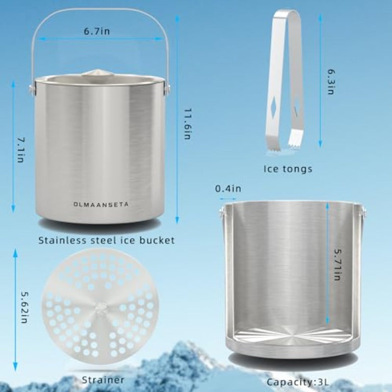 Food GradeStainless Steel Ice Bucket for Parties with Lid And Ice TongsInsulated Wine Bucket with Strainer Keeps Drinks Cold And Ice Cube From Melting