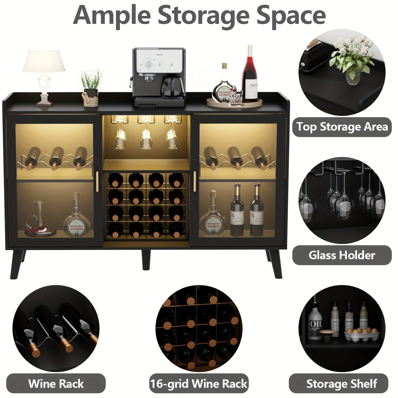 Wine Bar Cabinet, Coffee Bar Cabinet With Glass Holders, Kitchen Buffet Sideboard With Adjustable Storage Shelves, Freestanding Liquor Cabinet For Kitchen, Living Room, Dining Room