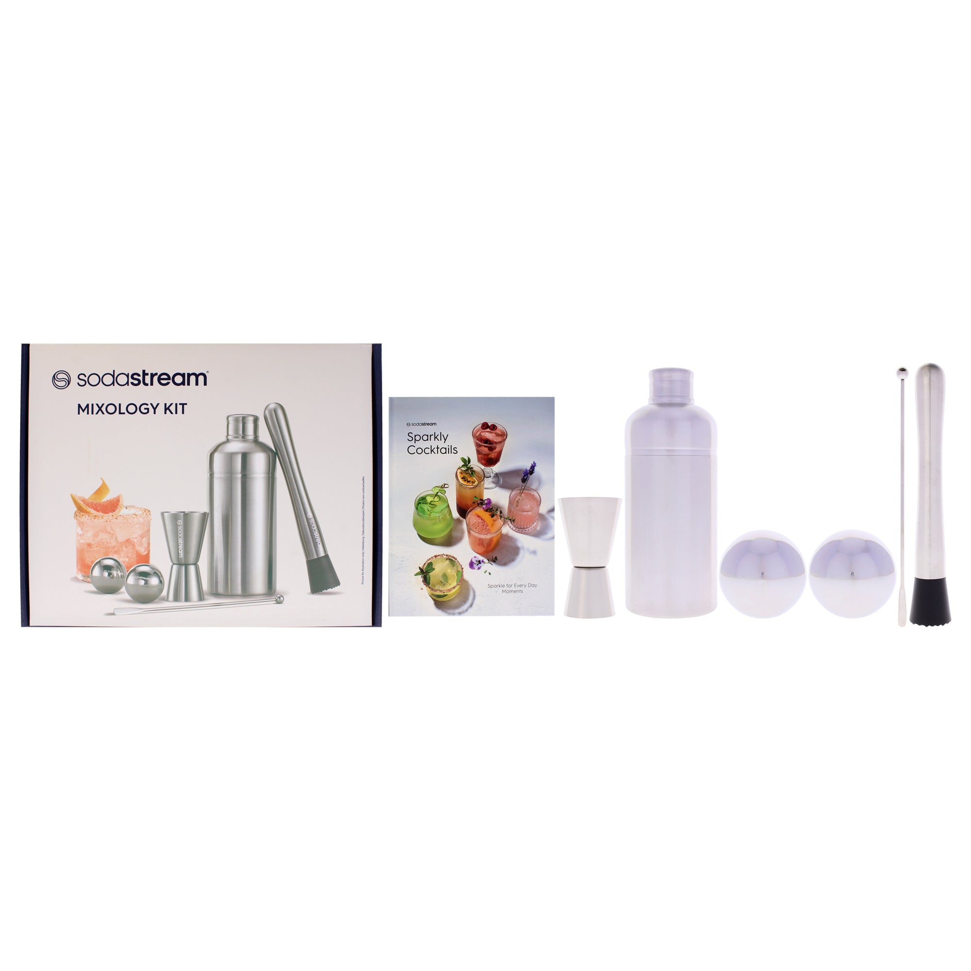 Sodastream Mixology Kit - 7 Pc 2Pc Stainless Steel Ice Spheres Plus Pouch, Dosing Jigger, Cocktail Shaker, Cocktail Stirrer, Muddler, Cocktail Book