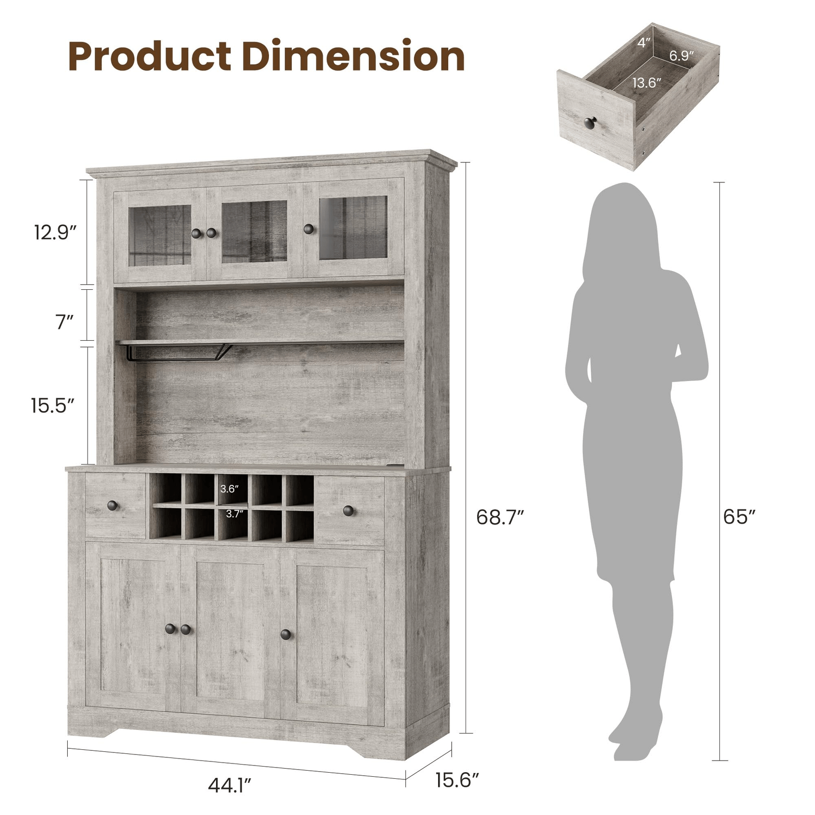 69-Inch Tall Grey Pantry Cabinet with LED Lighting, Charging Station, Drawers, Wine Rack, Large Storage Capacity - Kitchen Hutch and Coffee Bar for Dining and Living Rooms