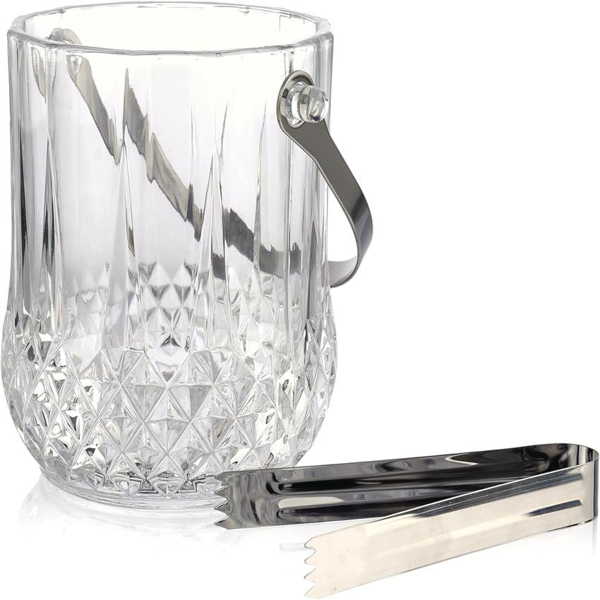 Vskikris Clear Glass Ice Bucket with Handle & Serving Tongs - Heavy-Duty 37oz Capacity Ice Dispenser Suitable for Parties, Catering,, Commercial Use - Glass Ice Holder for Drinks, Desserts, Beverages