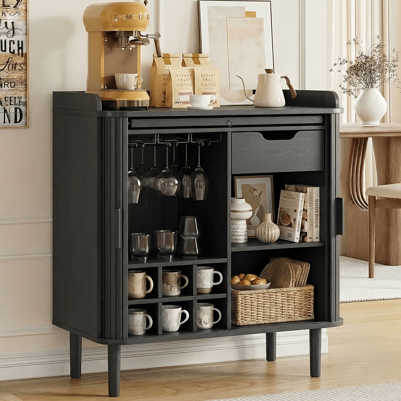33-Inch Medieval Modern Style Coffee Bar Cabinet Featuring a Charging Station, Sliding Doors, Cup Holders, Glass Rack, Pull-Out Tray, And Drawer Storage Space, Suitable for Kitchens And Living Rooms