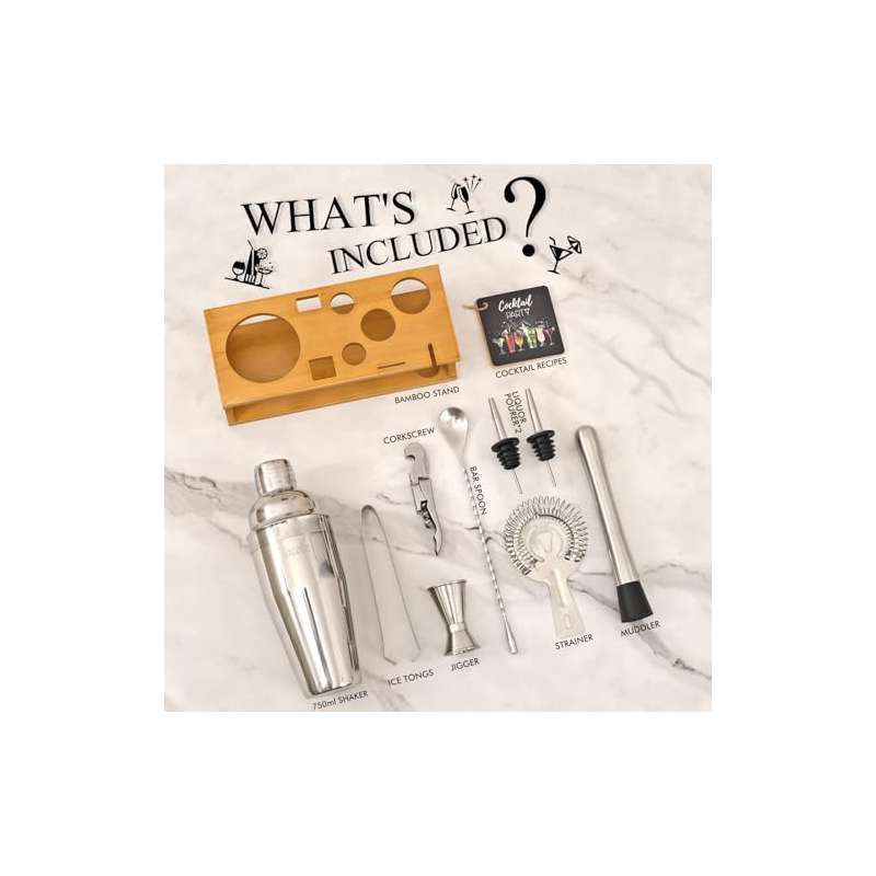 Bartender Kit Cocktail Shaker Set with Stand Bar Tool Bar Set for Drink Mixing Home Bartending Kit 11 - Piece Bar Cart Accessories: Martini Shaker, Mixer Spoon, Jigger, Muddler, Strainer Recipes Gifts