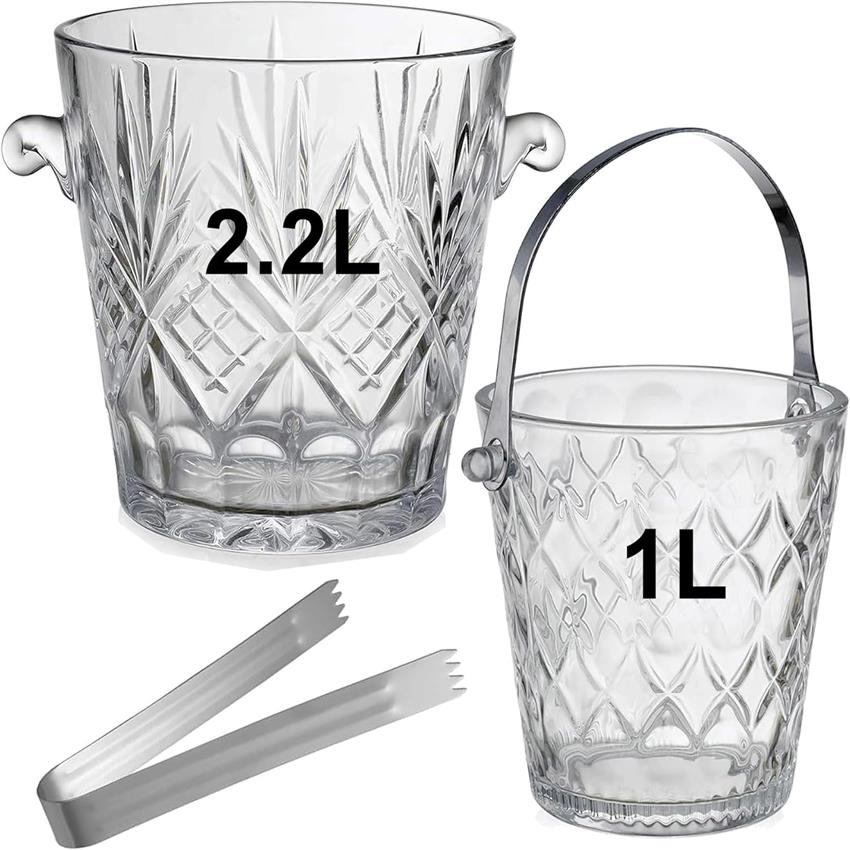 Vskikris Clear Glass Ice Bucket with Handle & Serving Tongs - Heavy-Duty 37oz Capacity Ice Dispenser Suitable for Parties, Catering,, Commercial Use - Glass Ice Holder for Drinks, Desserts, Beverages