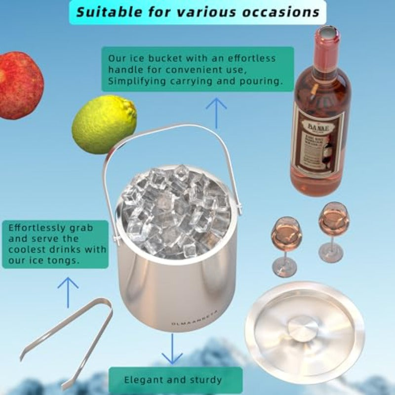 Food GradeStainless Steel Ice Bucket for Parties with Lid And Ice TongsInsulated Wine Bucket with Strainer Keeps Drinks Cold And Ice Cube From Melting