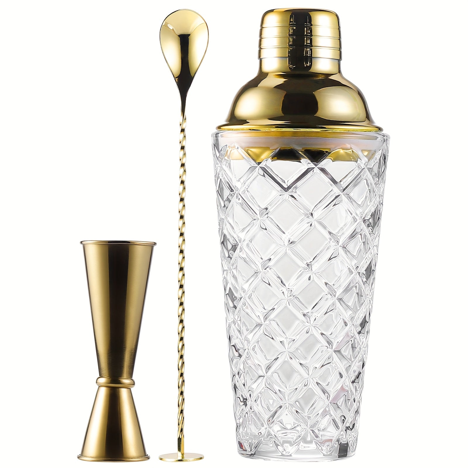 Glass Cocktail Shaker Set with Built-in Strainer 20oz Thickened Pineapple Glass Shaker, Golden Jigger & Bar Spoon with Muddler -Bartender Kit for Home Bar, Gifts for Men & Women