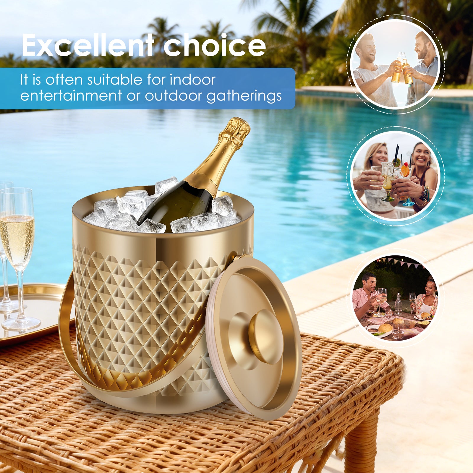 67.6oz Double-Walled Insulated Stainless Steel Ice Bucket with Lid - Vacuum Suitable for Champagne, Wine, Beer, | Beverage Tub for Home Bar, BBQ, Picnic, Parties | Keeps Drinks for Hours