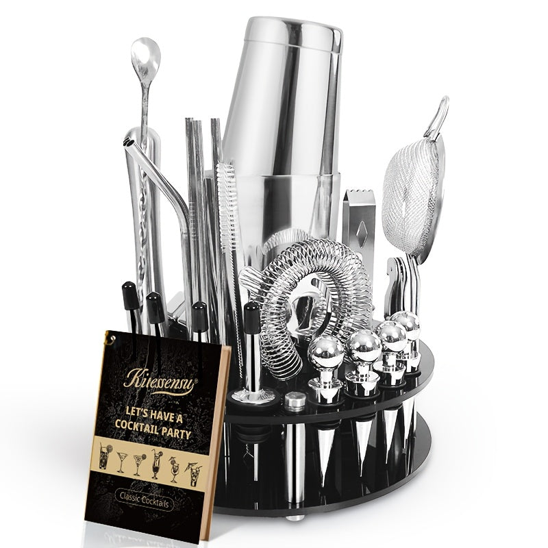 35pcs Cocktail Shaker Set for Mixed Drink, Bartender Kit with Stylish Bamboo Stand, Professional Stainless Steel Bar Tool Set, Gift for Man Dad- Cocktail Recipes Booklet (Silvery)