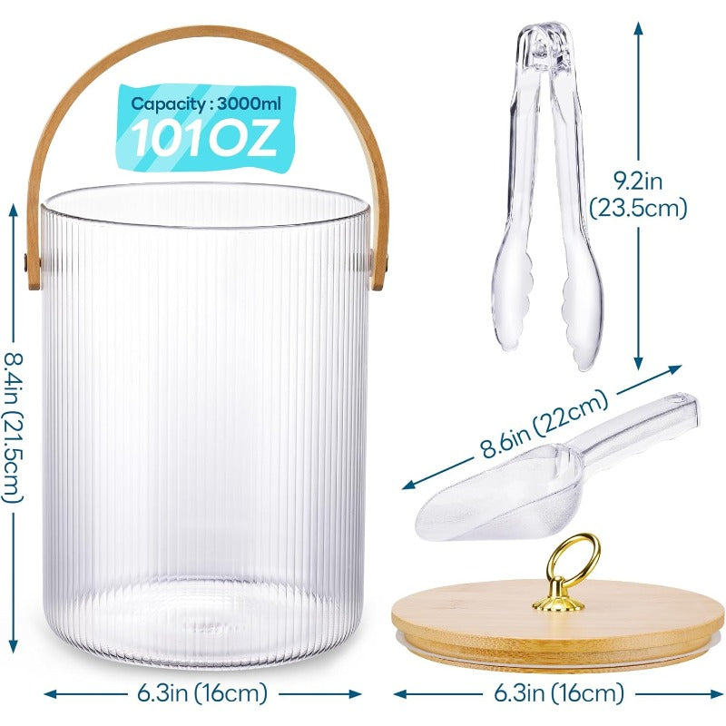 NiHome 101.44oz Glass Ice Bucket Chiller | Bamboo Lid, Scoop, and Tongs for Home Bar, Wedding Party | Ribbed Clear Design, Sturdy Handle, NonSlip Base, Airtight Storage for Wine, Champagne, Beer, Cocktails
