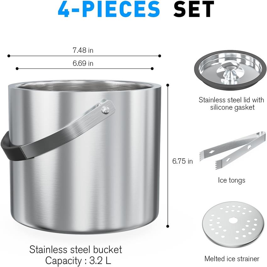 108.2oz Insulated Ice Bucket for Parties & Cocktail Bar | Double Wall Stainless Steel Wine Bucket with Lid & Tongs, Ideal for Chilling Wine, Champagne