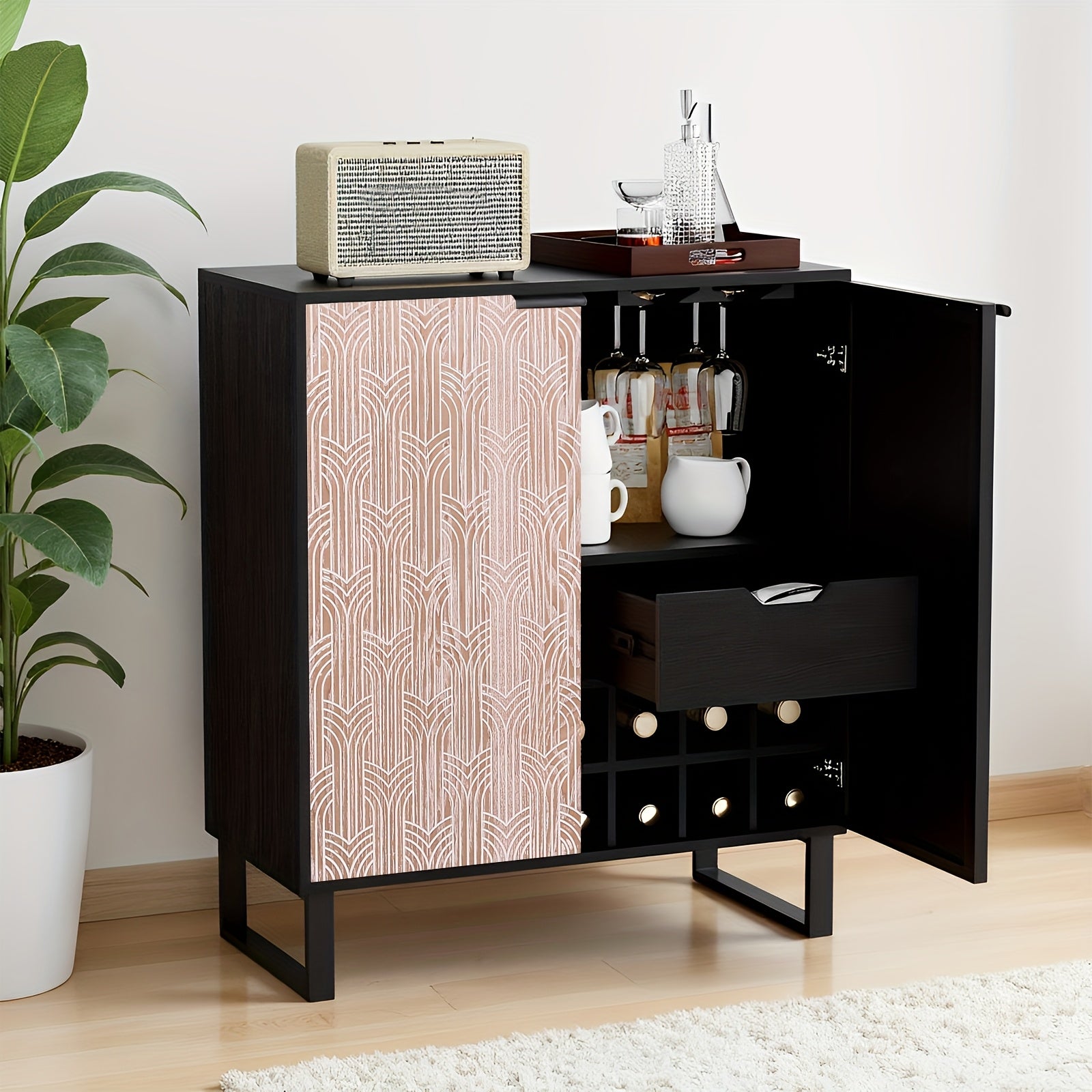 Freestanding Wine Cabinet & Buffet Suitable for - Farmhouse Style Wine Rack with Adjustable Shelf, Glass Holders & Storage Drawer, Sturdy Drinks Sideboard for Dining Room,,