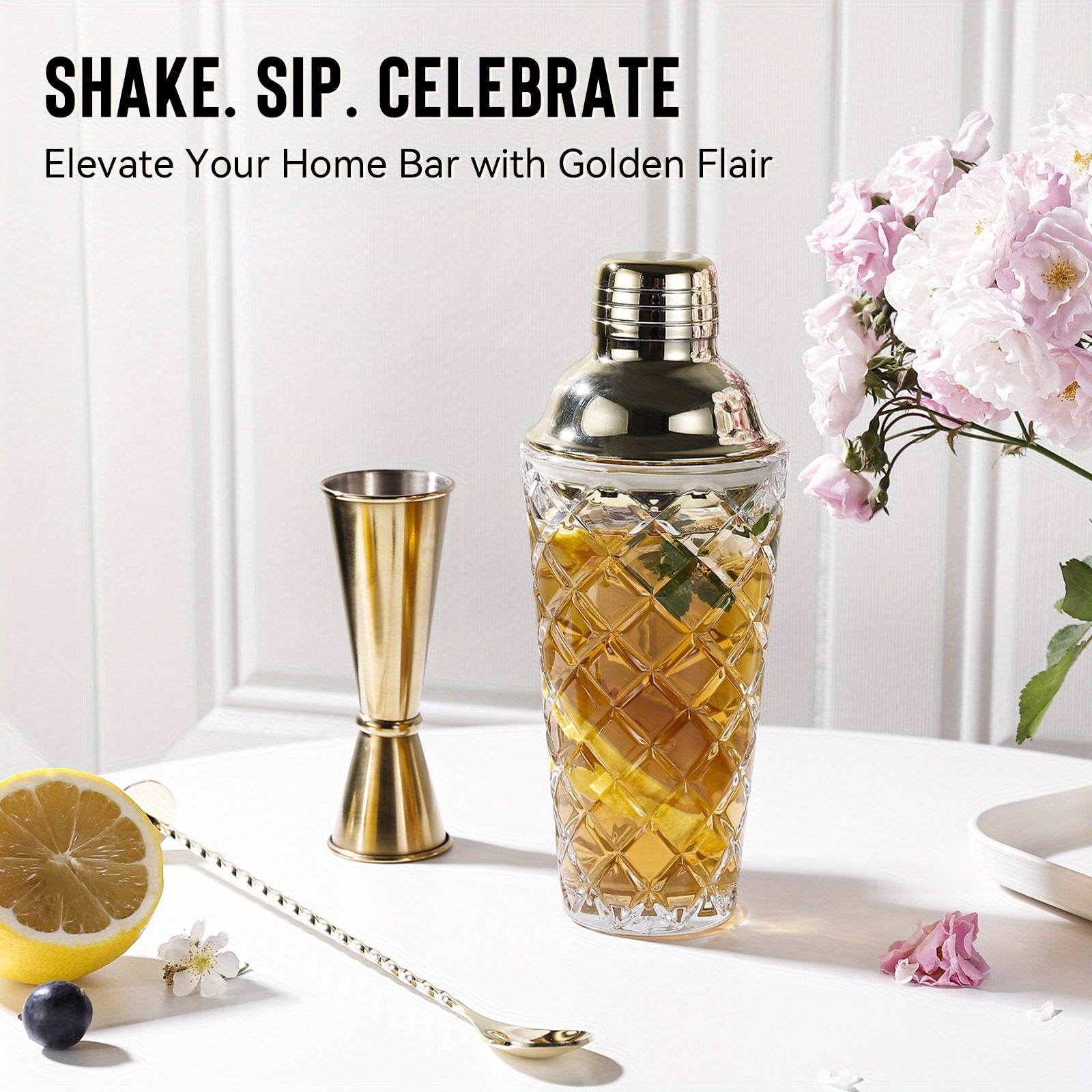 Glass Cocktail Shaker Set with Built-in Strainer 20oz Thickened Pineapple Glass Shaker, Golden Jigger & Bar Spoon with Muddler -Bartender Kit for Home Bar, Gifts for Men & Women
