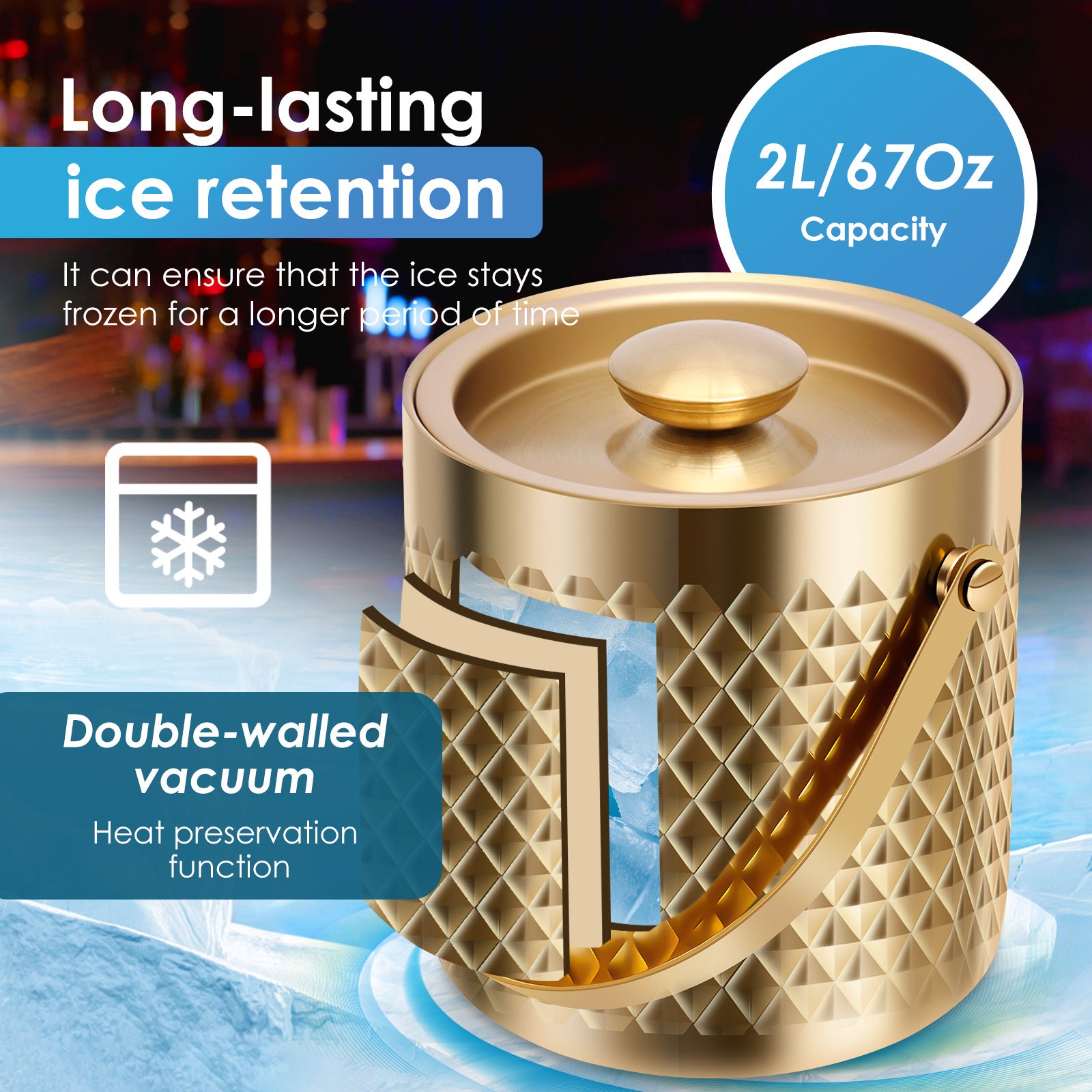 67.6oz Double-Walled Insulated Stainless Steel Ice Bucket with Lid - Vacuum Suitable for Champagne, Wine, Beer, | Beverage Tub for Home Bar, BBQ, Picnic, Parties | Keeps Drinks for Hours