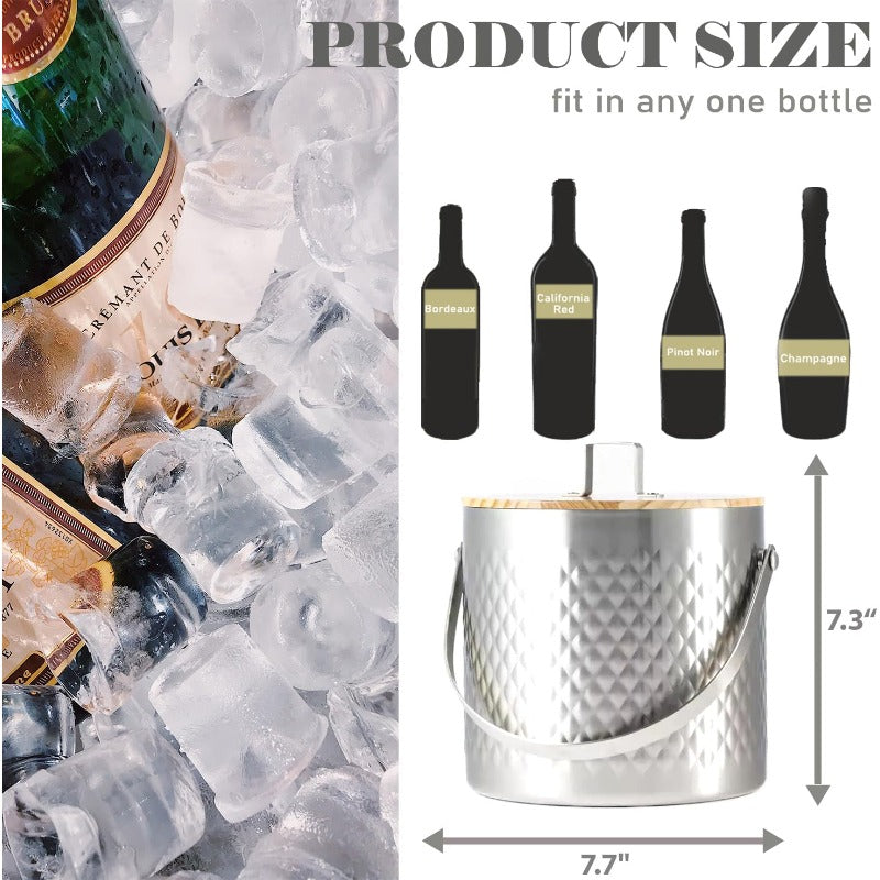Stainless Steel Insulated Ice Bucket with Wooden Lid & Ice Tongs - 101.44oz Large Capacity Double-Wall Cooler, Hammered Champagne Party Ice Chest for Bar Cart, Weddings, Outdoor Events - Heavy-Duty Ice Maker Accessory