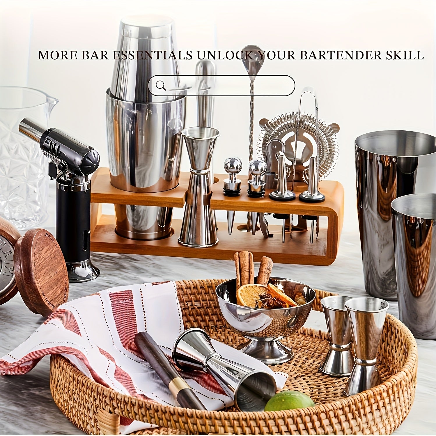 Cocktail Shaker Set Bartender Kit with Stand | Bar Set Drink Mixer Set with All Essential Accessory Tools: Martini Shaker, Jigger, Strainer, Mixer Spoon, Muddler, Liquor Pourers |Silvery