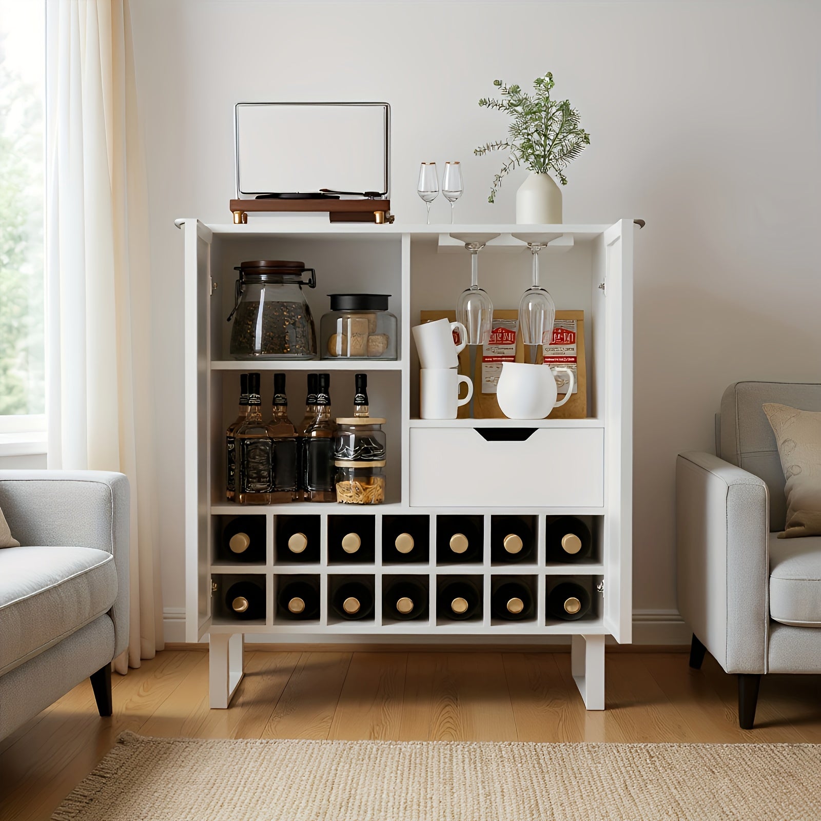 Freestanding Wine Cabinet & Buffet Suitable for - Farmhouse Style Wine Rack with Adjustable Shelf, Glass Holders & Storage Drawer, Sturdy Drinks Sideboard for Dining Room,,