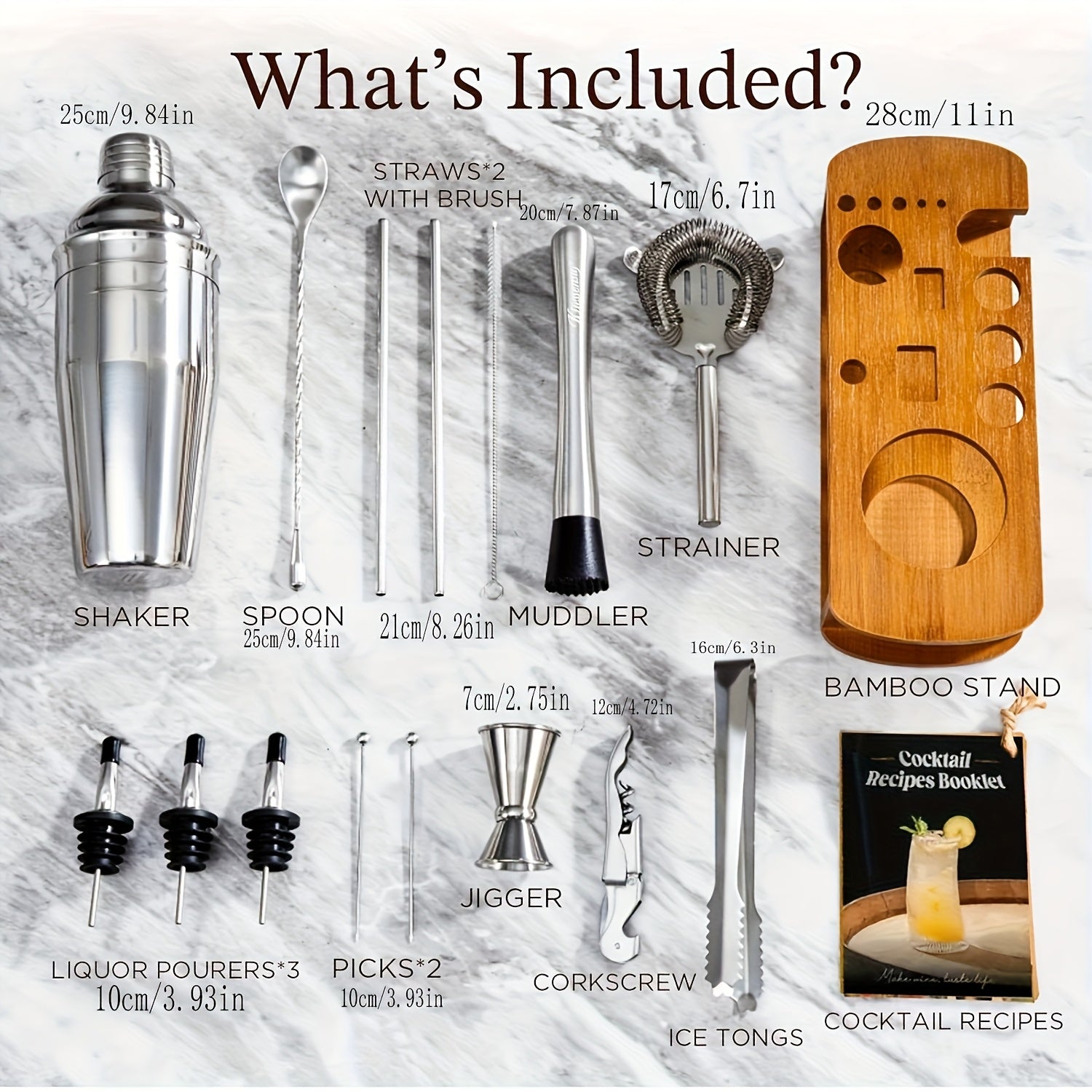 Cocktail Shaker Set Bartender Kit with Stand | Bar Set Drink Mixer Set with All Essential Accessory Tools: Martini Shaker, Jigger, Strainer, Mixer Spoon, Muddler, Liquor Pourers |Silvery
