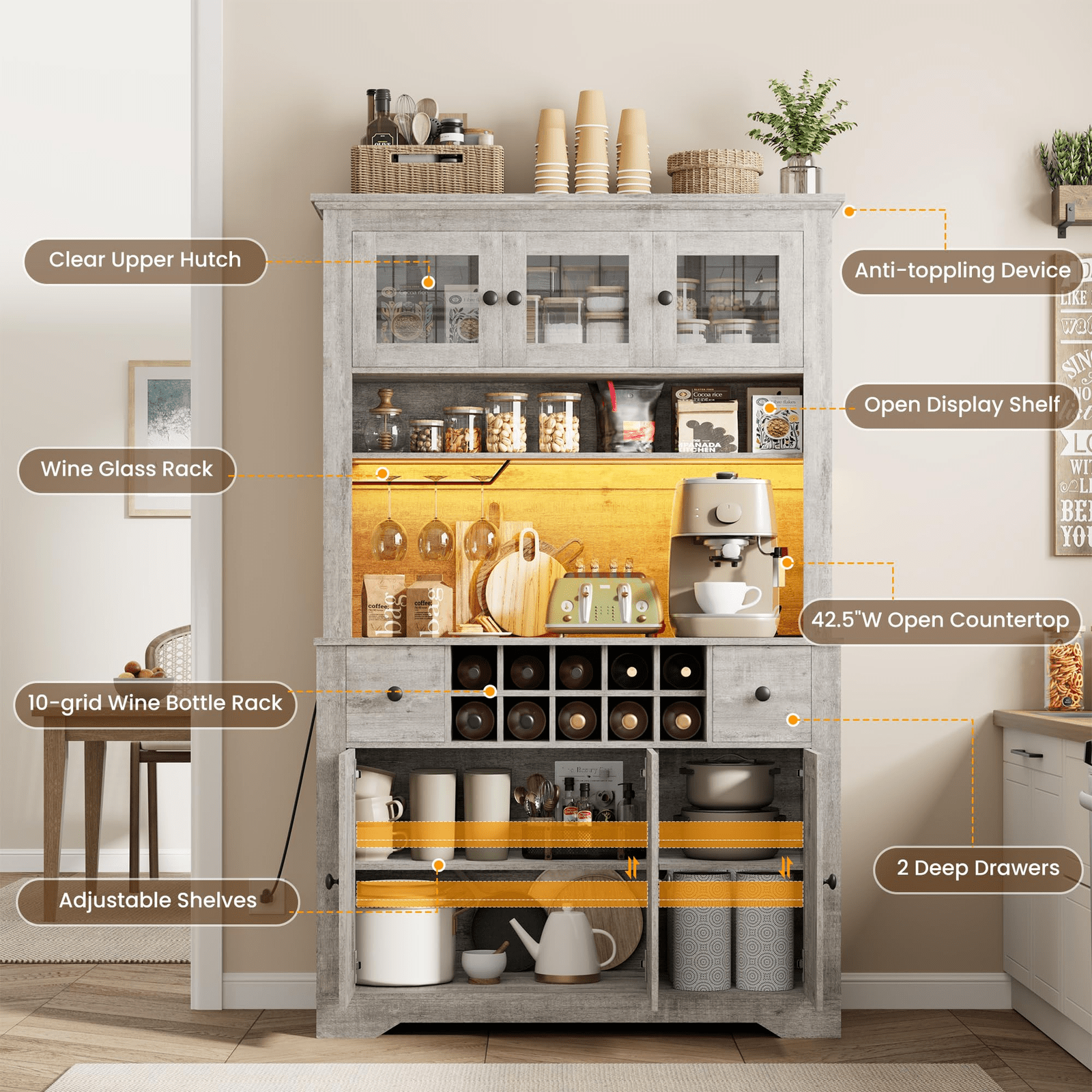 69-Inch Tall Grey Pantry Cabinet with LED Lighting, Charging Station, Drawers, Wine Rack, Large Storage Capacity - Kitchen Hutch and Coffee Bar for Dining and Living Rooms