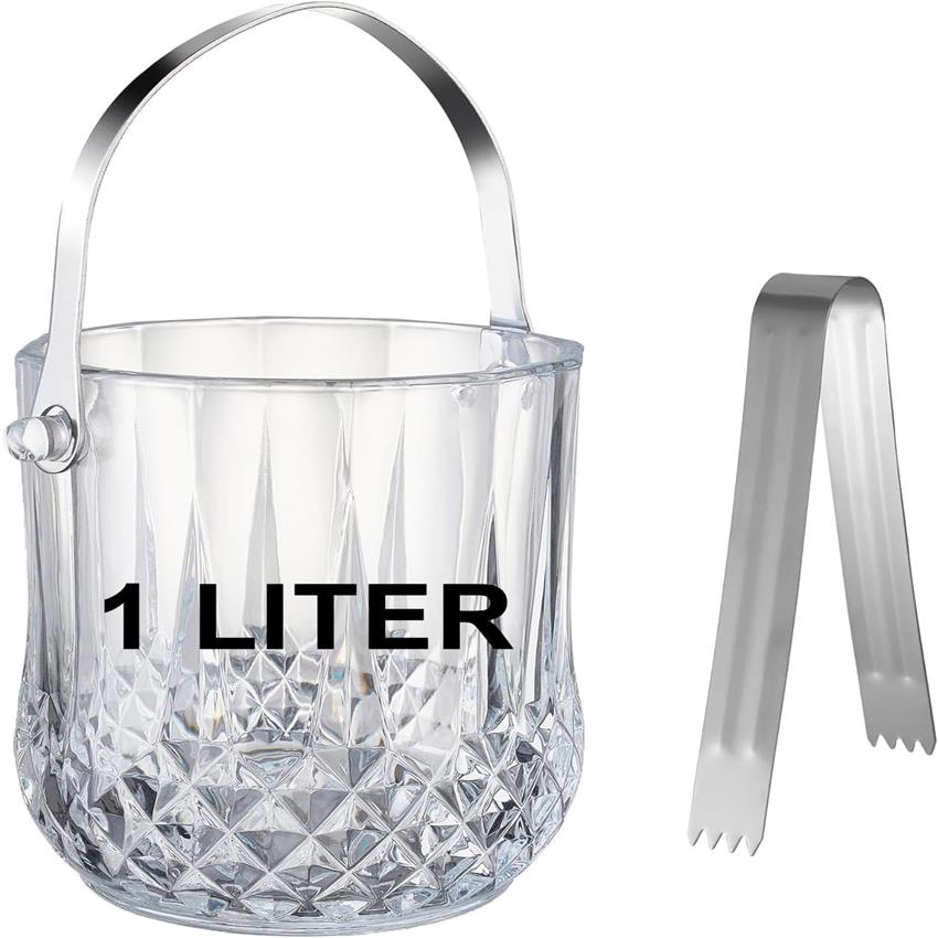 Vskikris Clear Glass Ice Bucket with Handle & Serving Tongs - Heavy-Duty 37oz Capacity Ice Dispenser Suitable for Parties, Catering,, Commercial Use - Glass Ice Holder for Drinks, Desserts, Beverages