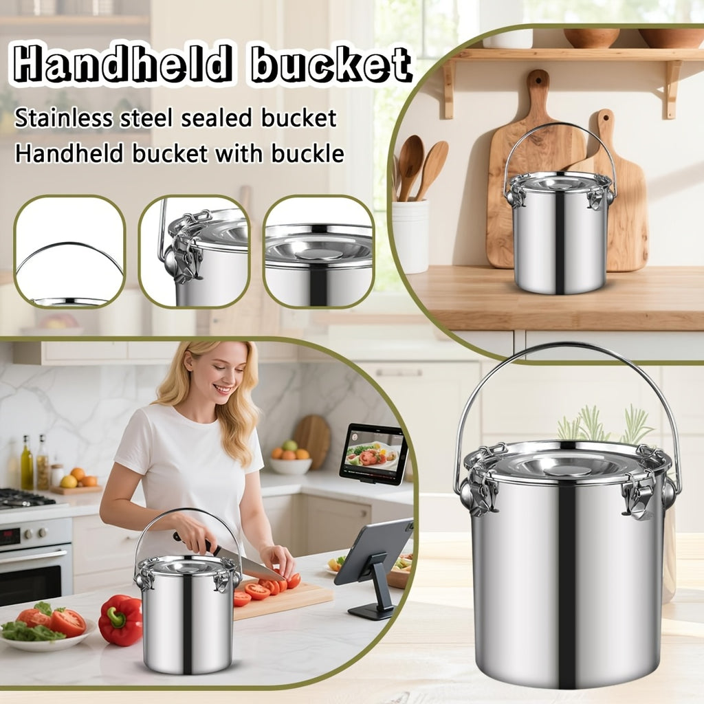 Stainless Steel Sealed Bucket with Handle, 304 Food Grade Airtight Container for Food Oil Milk, Leakproof Transport Drum with Locking Lid, Portable Storage for Home Camping Commercial