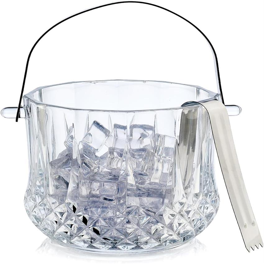Vskikris Clear Glass Ice Bucket with Handle & Serving Tongs - Heavy-Duty 37oz Capacity Ice Dispenser Suitable for Parties, Catering,, Commercial Use - Glass Ice Holder for Drinks, Desserts, Beverages