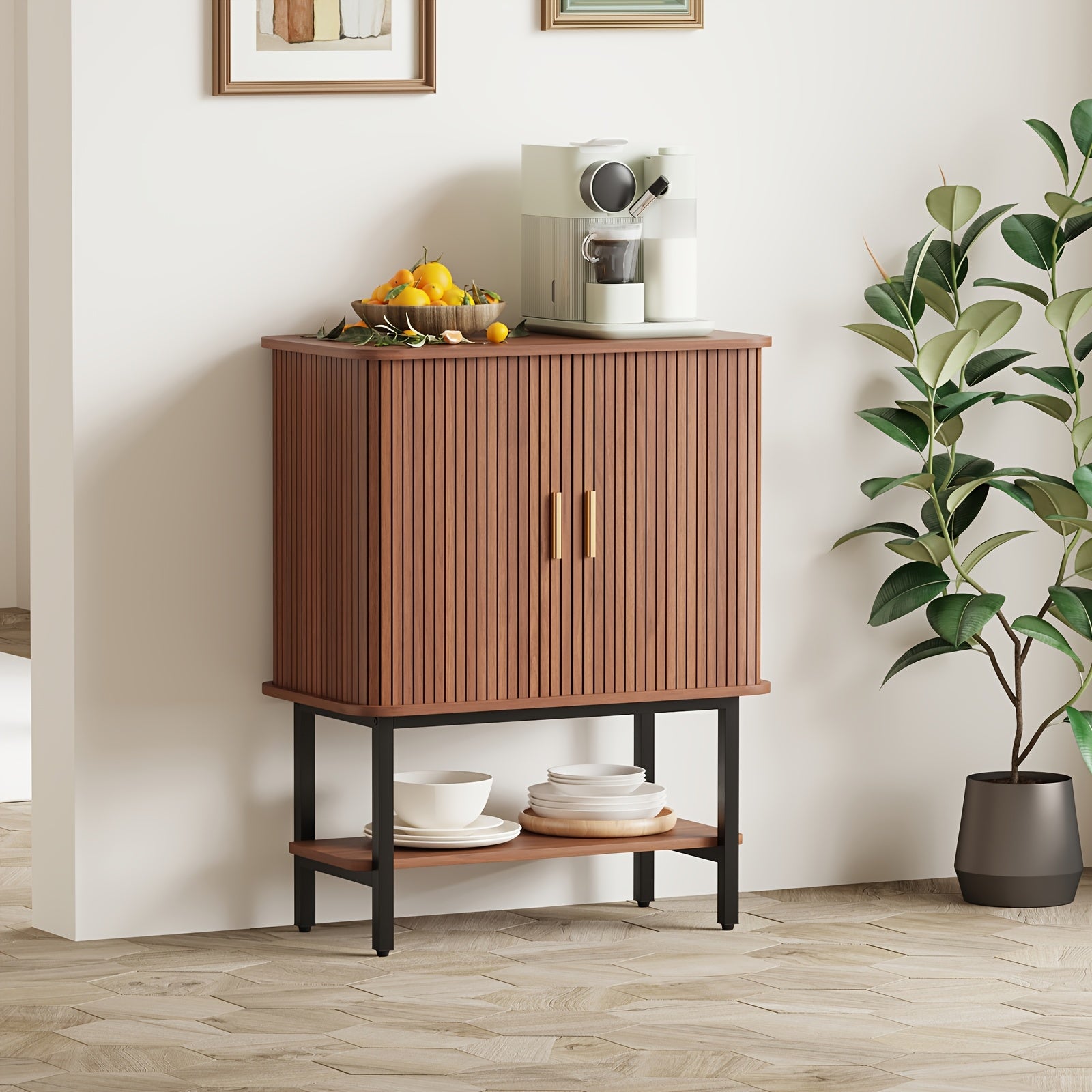 Wine Bar Cabinet with Storage, Fluted Wine Liquor Cabinet with Sliding Doors, Glass Holder And Wine Rack, Small Coffee Bar Cabinet, Buffet Sideboard for Kitchen, Dining Room, Living Room