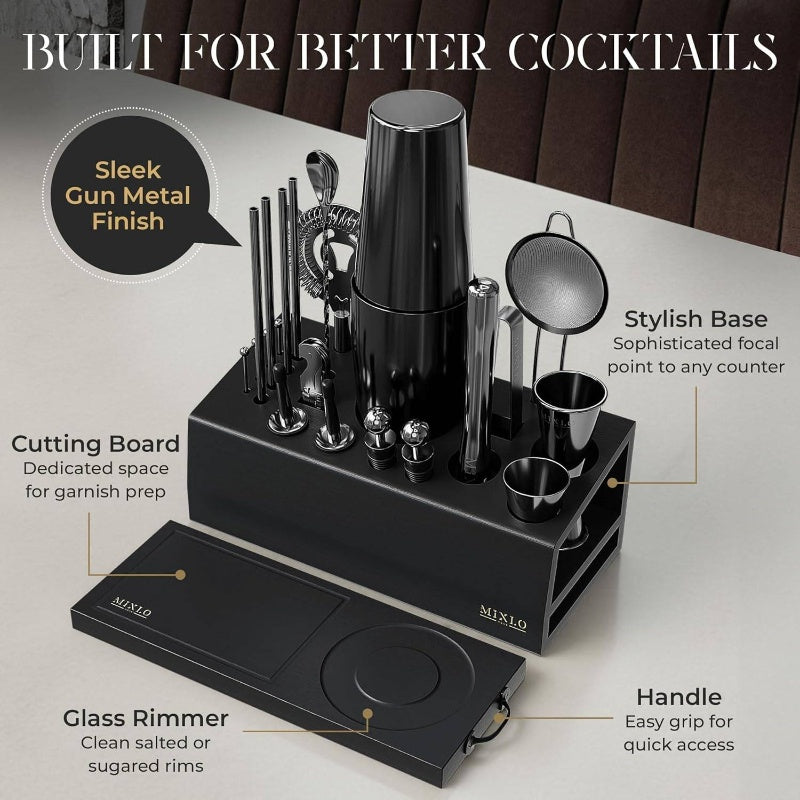 Mixology Bartender Kit - 22pcs Bar Set Cocktail Shaker Set Black Bar Cart Accessories Stand - Shakers Bartending Gun Metal Black Tools, 24oz Shaker, 17 Recipe Cards, Martini Barware