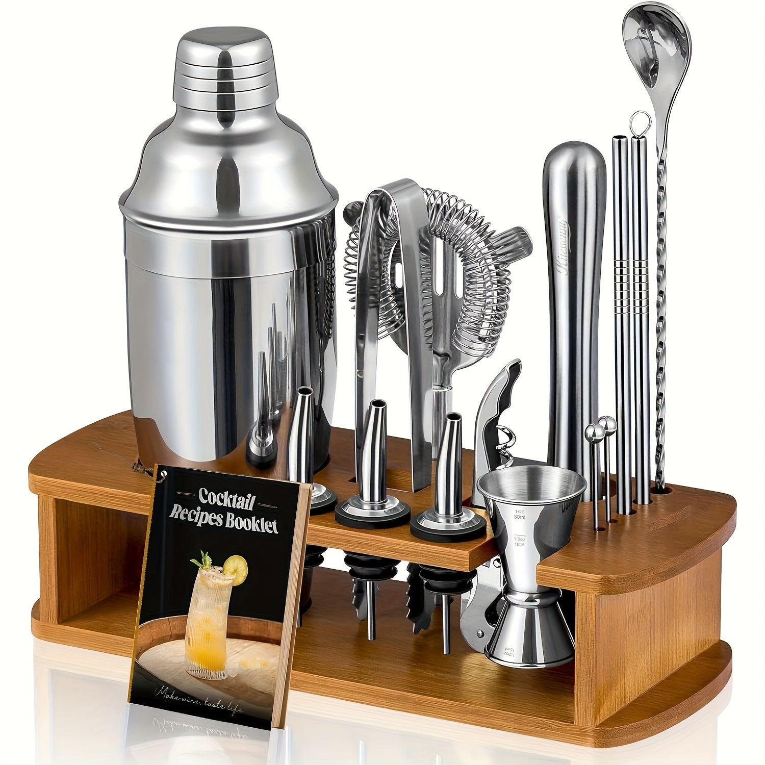 Cocktail Shaker Set Bartender Kit with Stand | Bar Set Drink Mixer Set with All Essential Accessory Tools: Martini Shaker, Jigger, Strainer, Mixer Spoon, Muddler, Liquor Pourers |Silvery