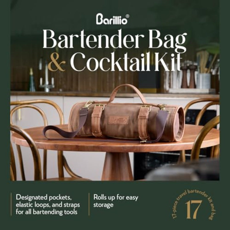 Bartender Kit Bag with Cocktail Shaker Set - Waxed Canvas Traveling Bar Tools Bag with 17-Pc Cocktail Kit - Travel Mixology Bartending Kits - Mobile Bar Roll with Strap and Accessories