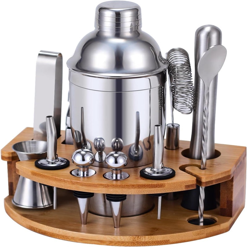 Cocktail Shaker Set with Stand | Complete Bartender Kit with Stainless Steel Additions like Martini Shaker, Jigger, Strainer, Spoon, Muddler for Cocktails - Silver, 304 Stainless Steel
