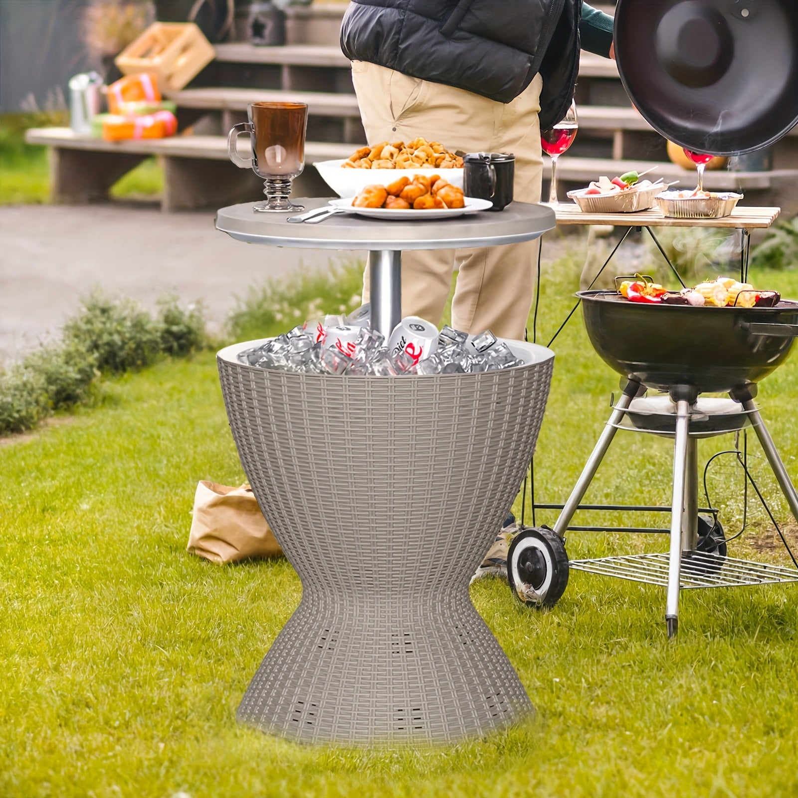 This Versatile 3-In-1 Ice Bucket Serves As a Cooler, a Wine Table, And a Coffee Table Lid, Offering 30 Liters Or 8 Gallons of Drink Storage. Its Rattan Design Complements Any Patio Furniture
