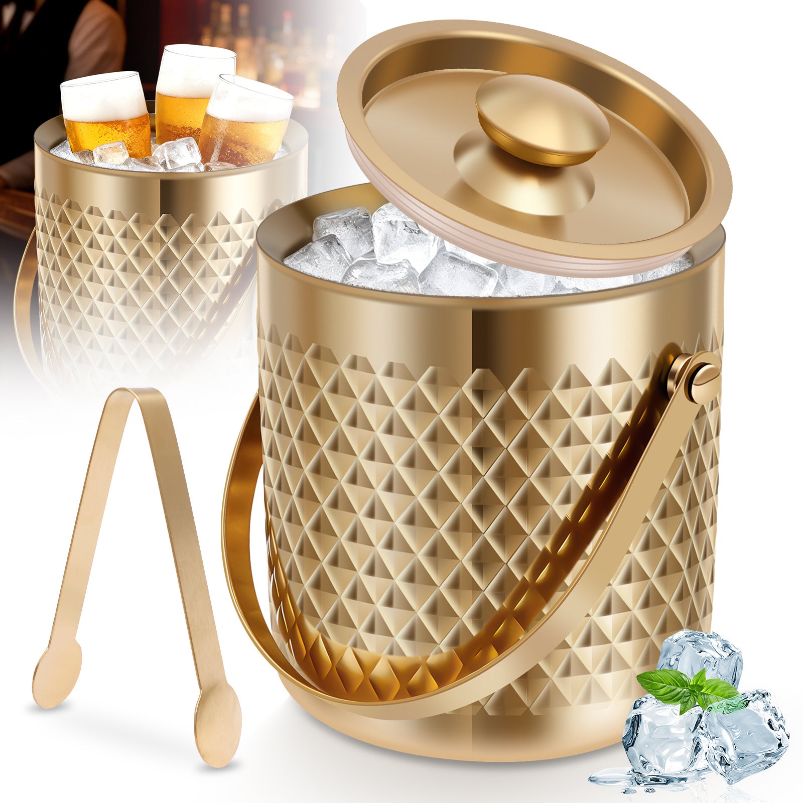 67.6oz Double-Walled Insulated Stainless Steel Ice Bucket with Lid - Vacuum Suitable for Champagne, Wine, Beer, | Beverage Tub for Home Bar, BBQ, Picnic, Parties | Keeps Drinks for Hours