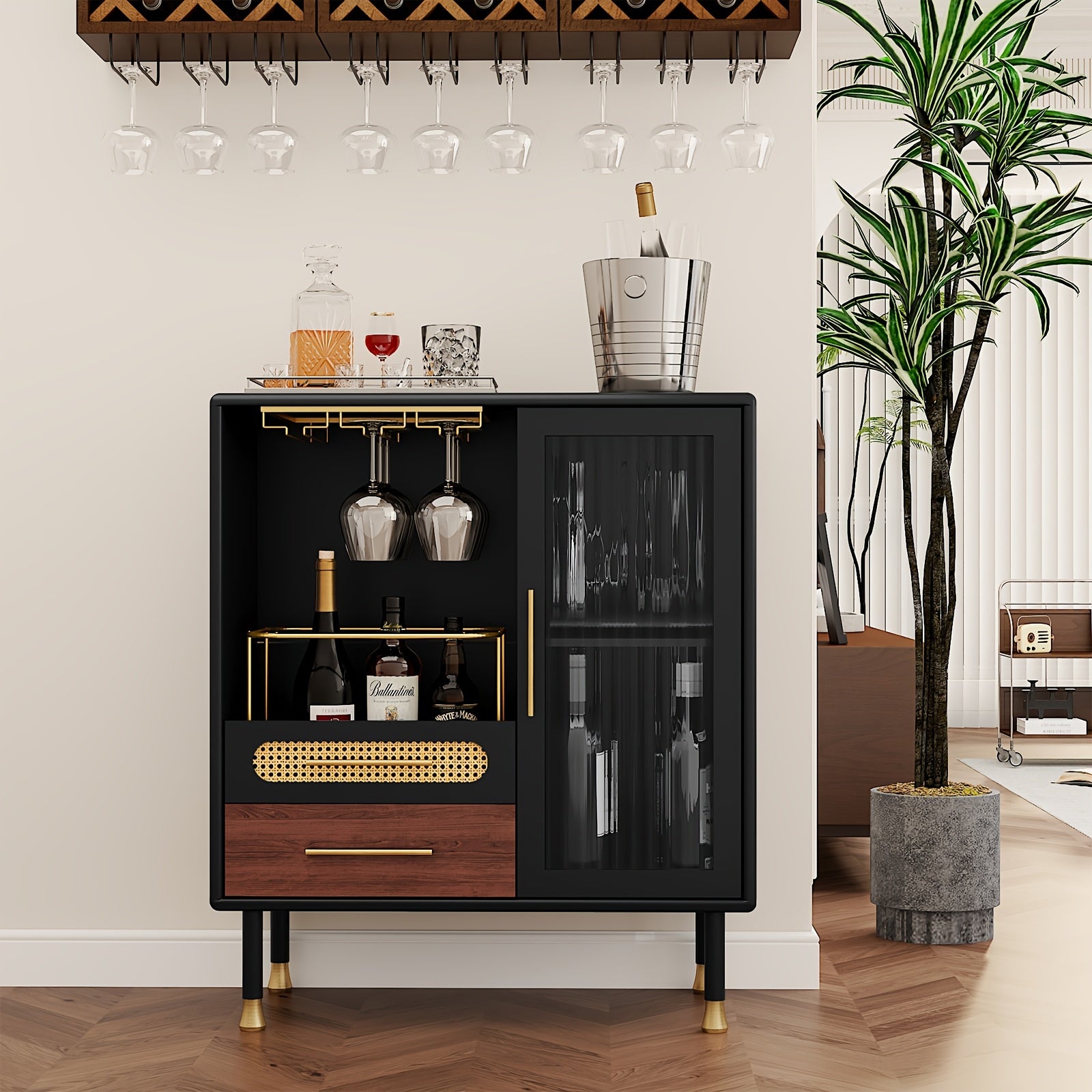Modern Coffee Bar Cabinet with Wine Glass Rack And Drawers, Black Liquor Cabinet with Pull-Out Wine Storage for Kitchen, Dining Room, Living Room