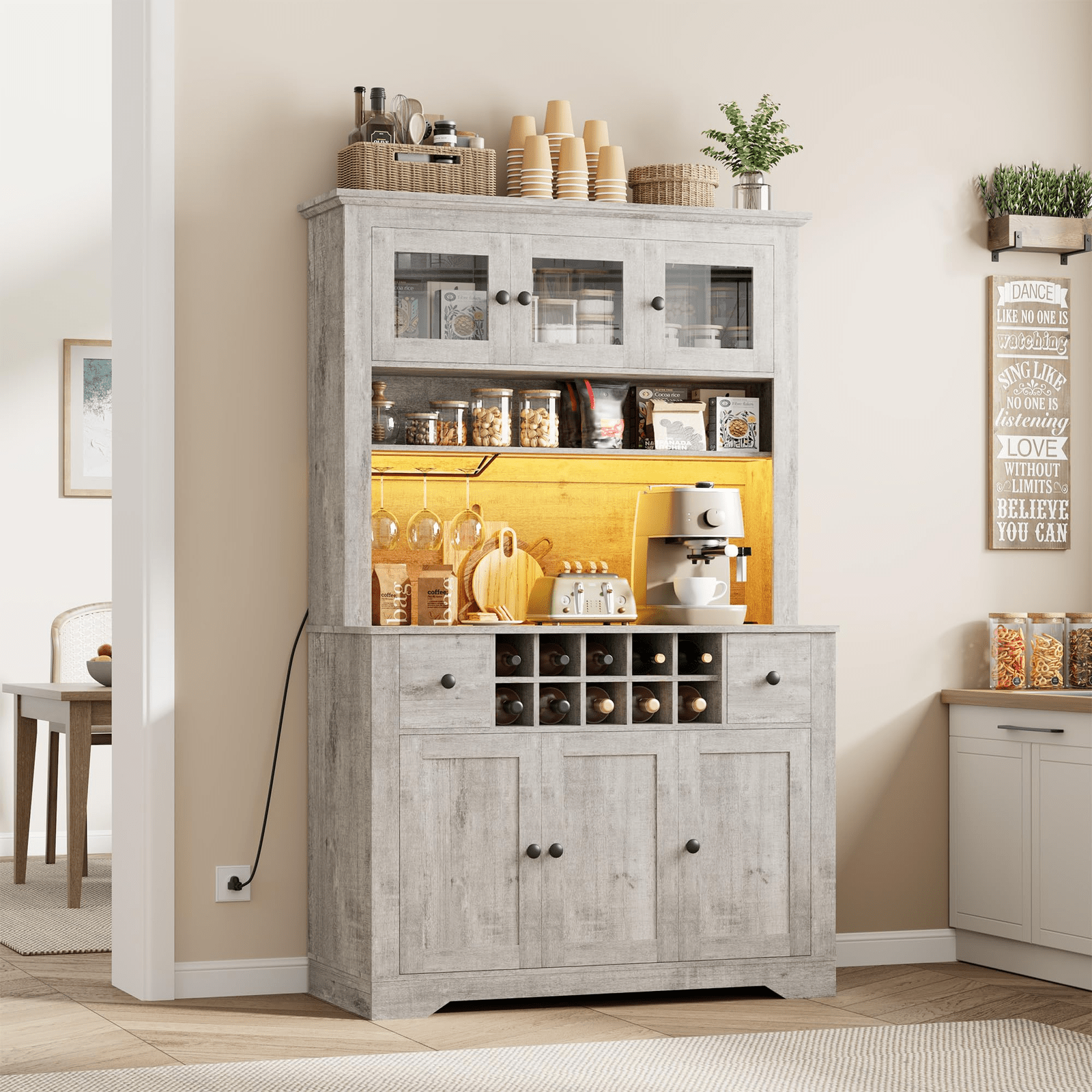 69-Inch Tall Grey Pantry Cabinet with LED Lighting, Charging Station, Drawers, Wine Rack, Large Storage Capacity - Kitchen Hutch and Coffee Bar for Dining and Living Rooms