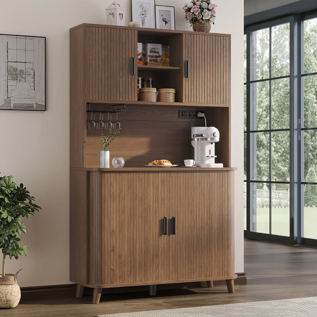 71'' Modern Kitchen Pantry Cabinet with Sliding Tambour Doors& Adjustable Shelves, Built-in Power Outlet, Food Storage Cabinet with Wine Racks, Solid Table Legs, Freestanding Design, Buffet Cupboards Sideboard for Kitchen & Living Room
