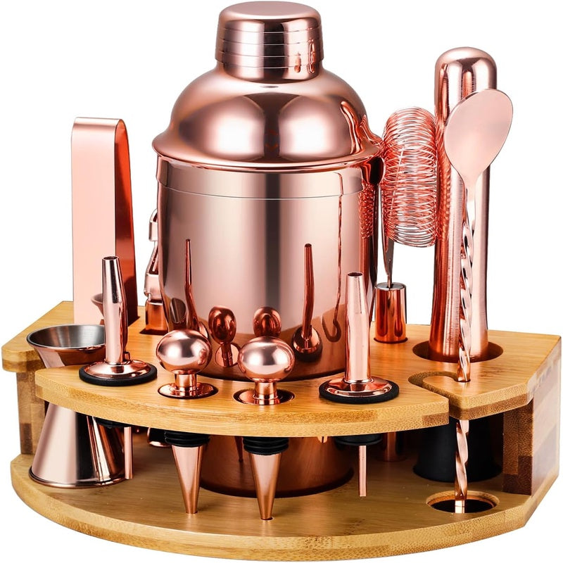 Cocktail Shaker Set for Mixing Drinks with Stand, Stainless Steel Accessories Tools for Cocktails( Rose Golden)