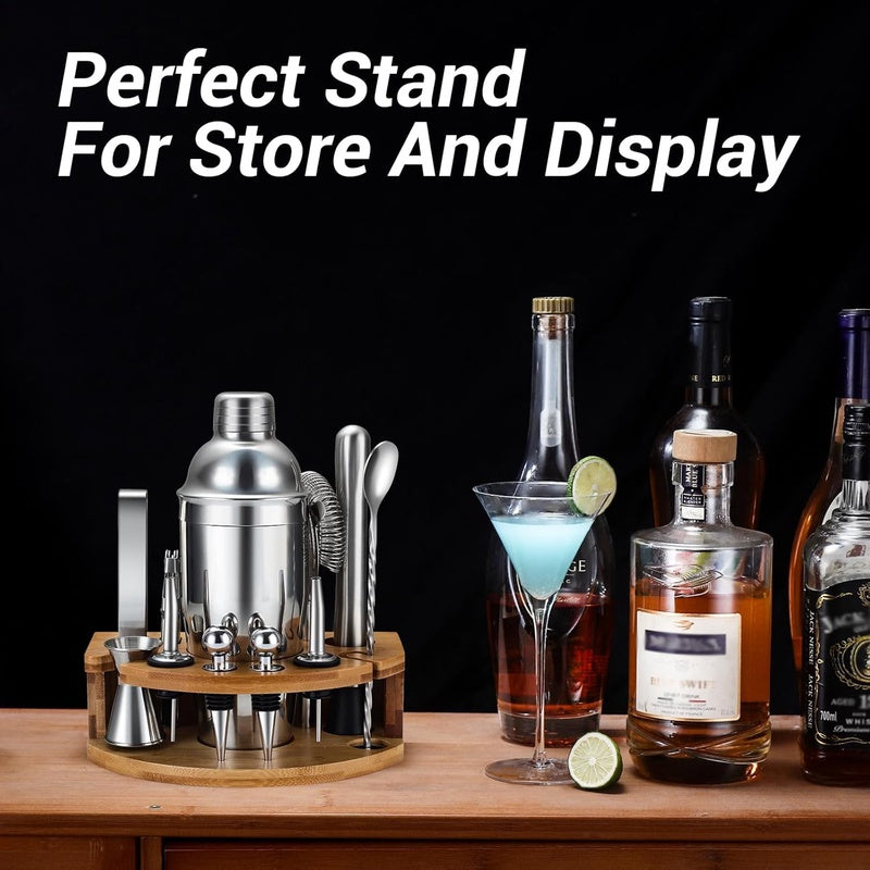 Cocktail Shaker Set with Stand | Complete Bartender Kit with Stainless Steel Additions like Martini Shaker, Jigger, Strainer, Spoon, Muddler for Cocktails - Silver, 304 Stainless Steel