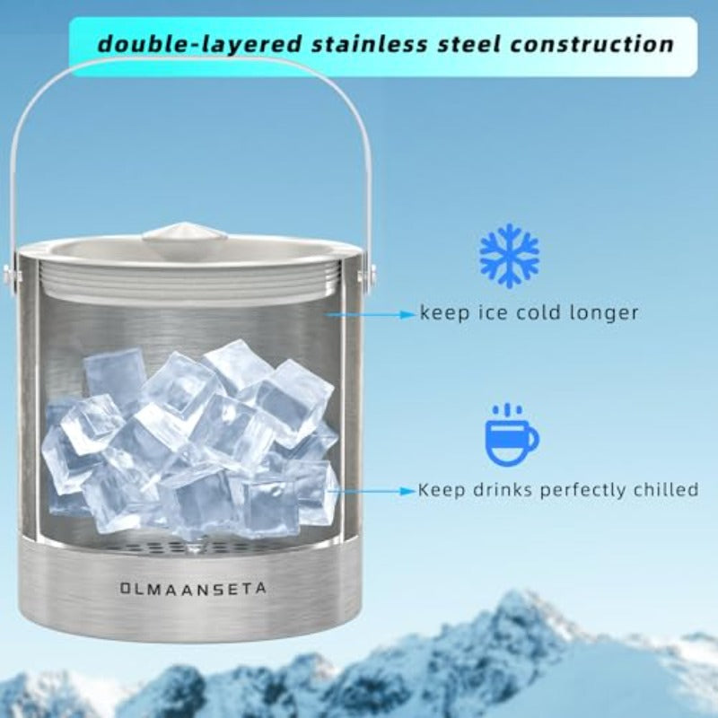 Food GradeStainless Steel Ice Bucket for Parties with Lid And Ice TongsInsulated Wine Bucket with Strainer Keeps Drinks Cold And Ice Cube From Melting
