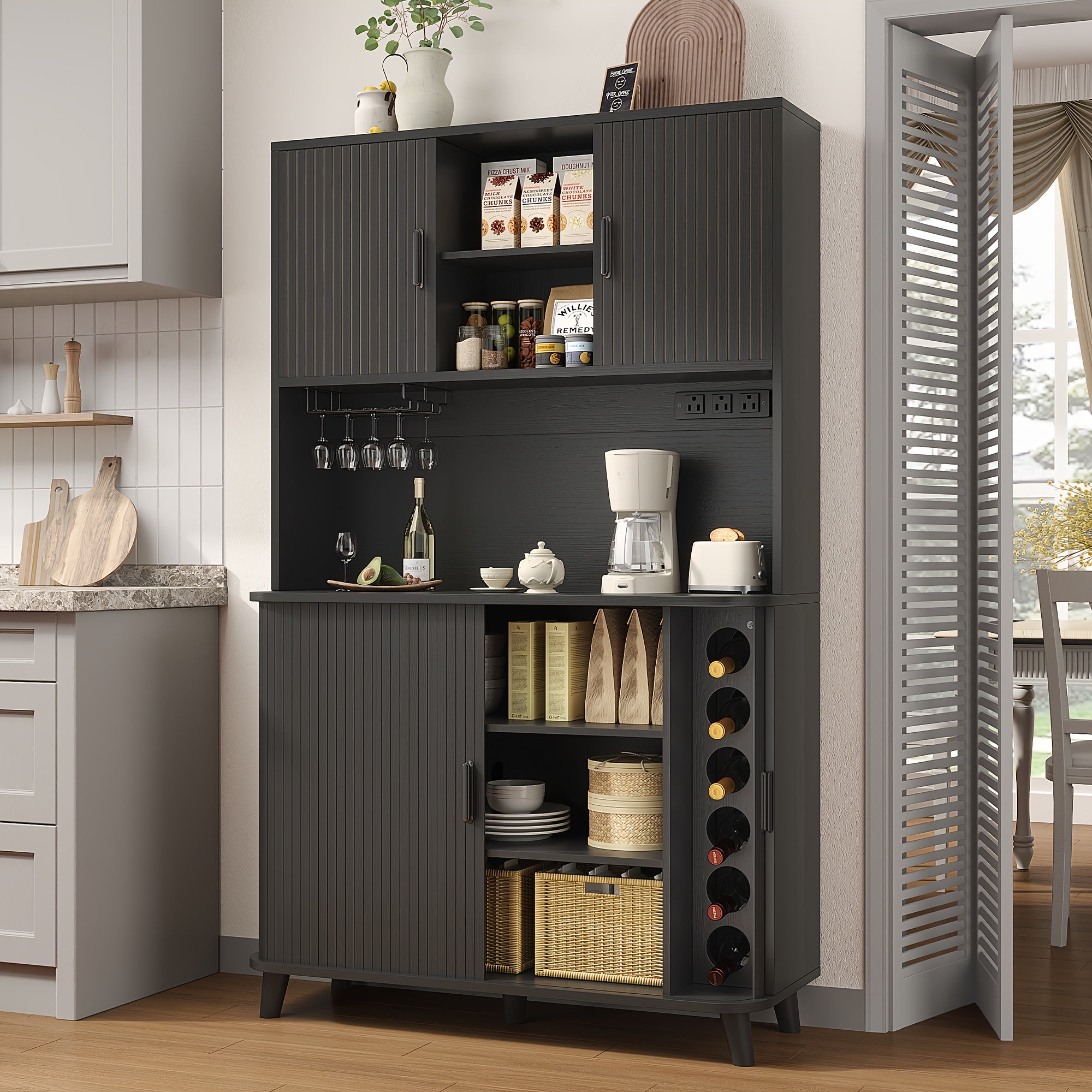71'' Modern Kitchen Pantry Cabinet with Sliding Tambour Doors& Adjustable Shelves, Built-in Power Outlet, Food Storage Cabinet with Wine Racks, Solid Table Legs, Freestanding Design, Buffet Cupboards Sideboard for Kitchen & Living Room