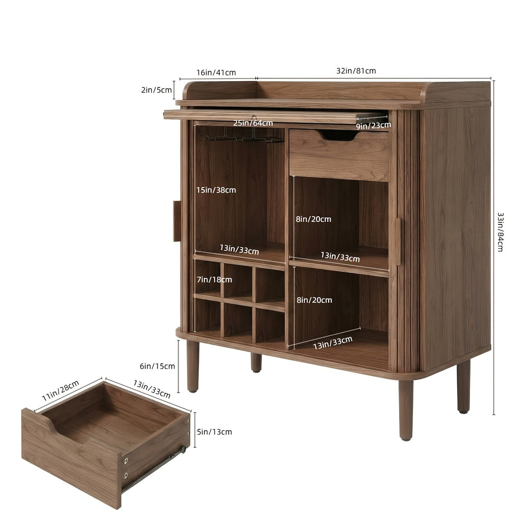 33-Inch Medieval Modern Style Coffee Bar Cabinet Featuring a Charging Station, Sliding Doors, Cup Holders, Glass Rack, Pull-Out Tray, And Drawer Storage Space, Suitable for Kitchens And Living Rooms
