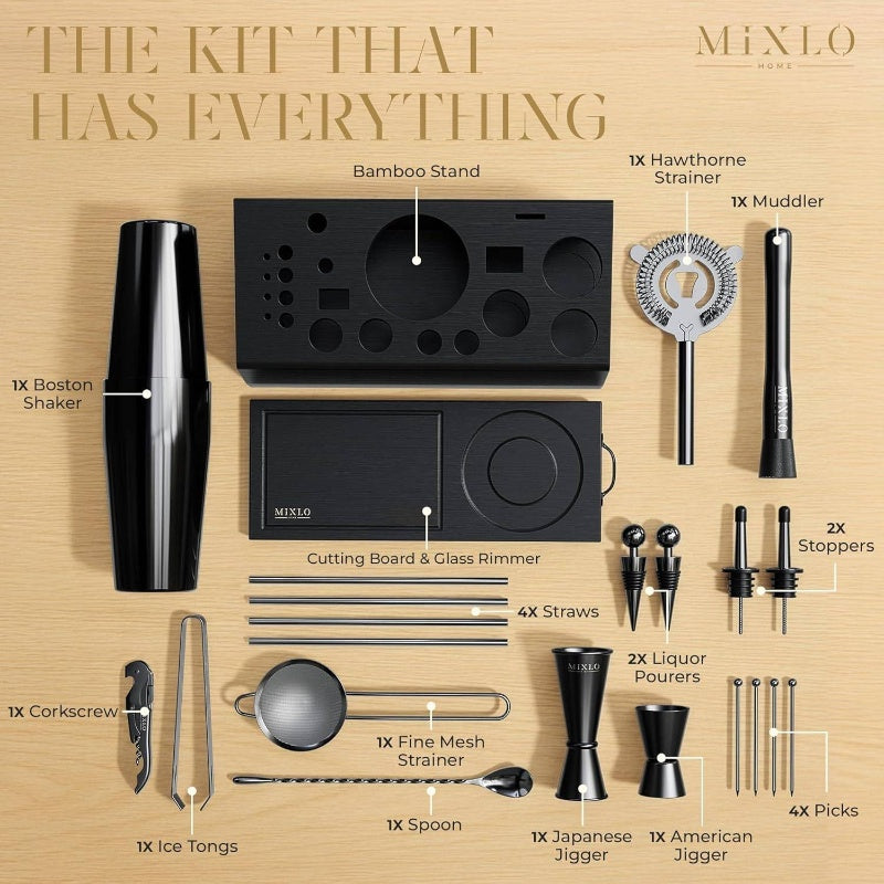 Mixology Bartender Kit - 22pcs Bar Set Cocktail Shaker Set Black Bar Cart Accessories Stand - Shakers Bartending Gun Metal Black Tools, 24oz Shaker, 17 Recipe Cards, Martini Barware