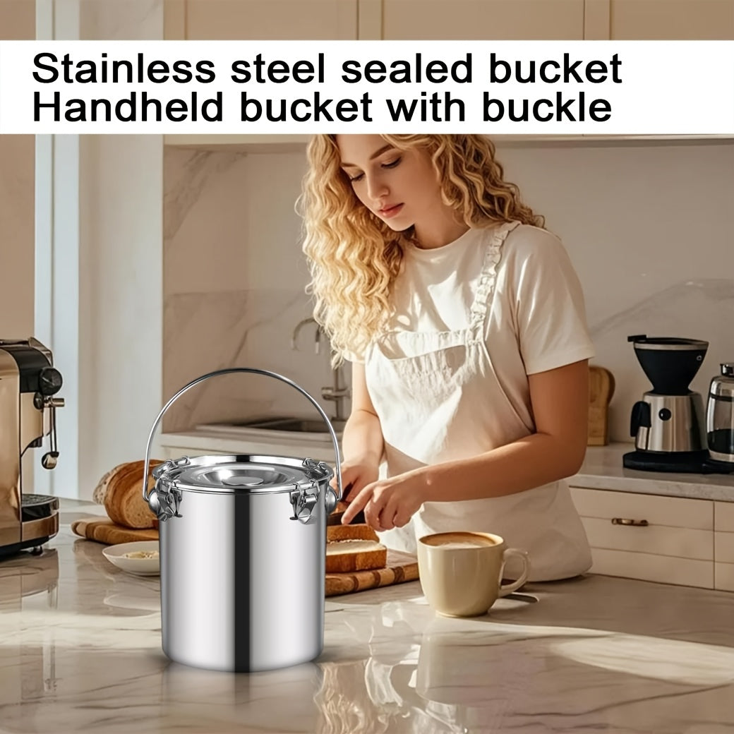 Stainless Steel Sealed Bucket with Handle, 304 Food Grade Airtight Container for Food Oil Milk, Leakproof Transport Drum with Locking Lid, Portable Storage for Home Camping Commercial