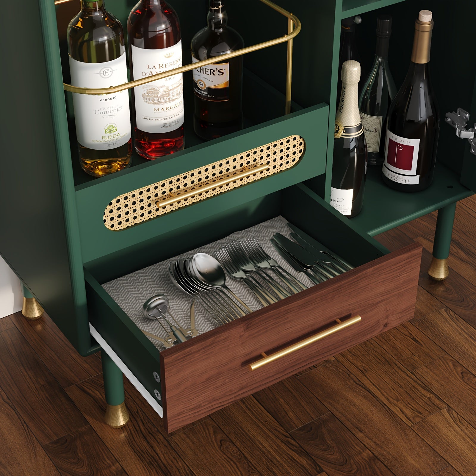Modern Coffee Bar Cabinet with Wine Glass Rack And Drawers, Black Liquor Cabinet with Pull-Out Wine Storage for Kitchen, Dining Room, Living Room