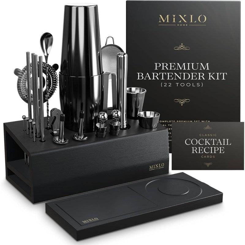 Mixology Bartender Kit - 22pcs Bar Set Cocktail Shaker Set Black Bar Cart Accessories Stand - Shakers Bartending Gun Metal Black Tools, 24oz Shaker, 17 Recipe Cards, Martini Barware